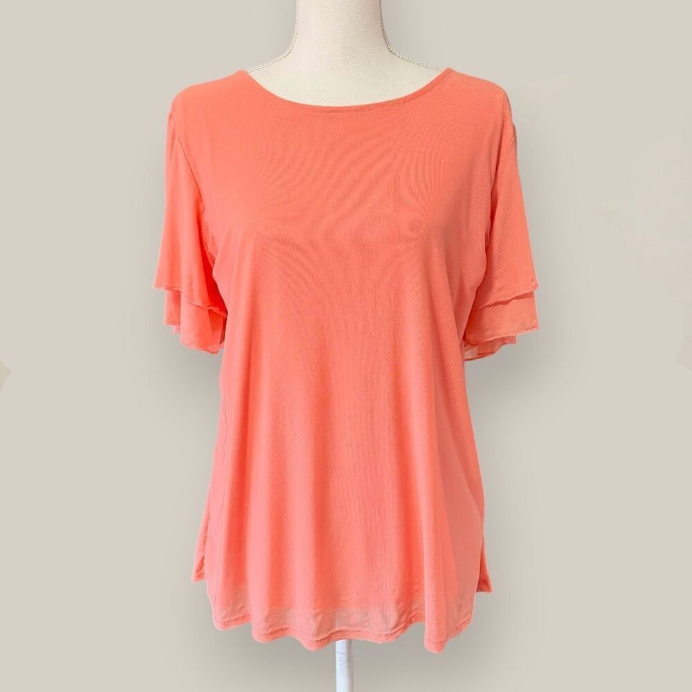 TorridâStretch Mesh & Challis Coral Crew Neck Flutter Sleeve Top Sz 1X - Picture 5 of 11